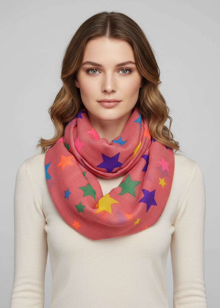 Women's lightweight infinity loop scarf with multicolored star print made from soft breathable viscose fabric.