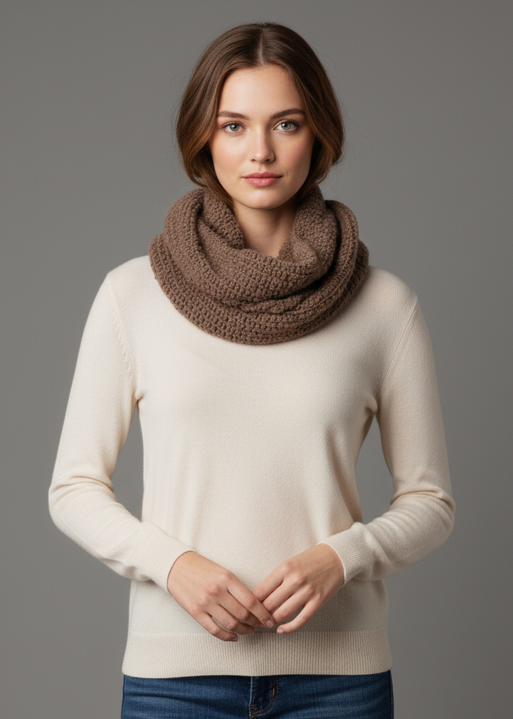 Womens warm knitted winter snood infinity loop scarf in a chic glamorous style.