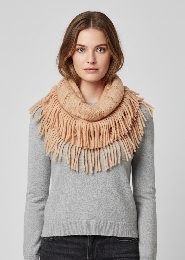Women's cozy winter knitted square pattern infinity loop scarf.