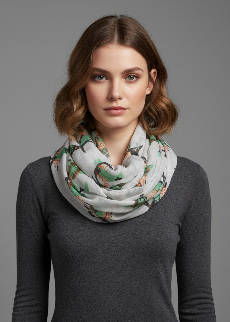 Two-toned multicolor plaid infinity scarf for women featuring a stylish bird print pattern