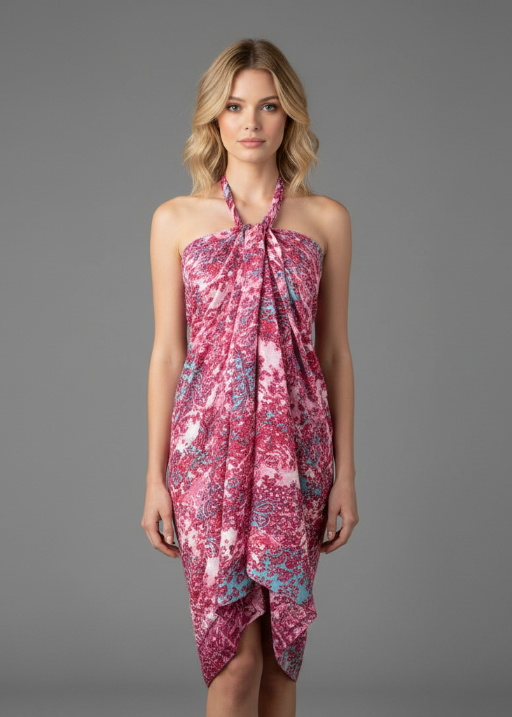 Coral blue Hawaiian pareo sarong beach wrap featuring a tropical floral design and lightweight fabric.