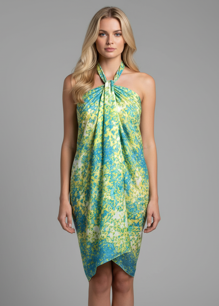 Lime blue women's Hawaiian pareo sarong beach wrap cover up featuring a tropical floral print.