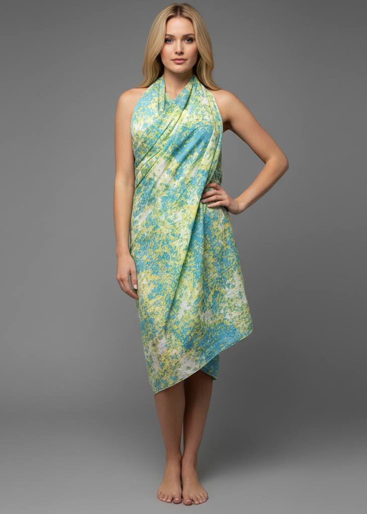 Women's lime and blue Hawaiian sarong beach wrap featuring a tropical floral design and fringed edges.