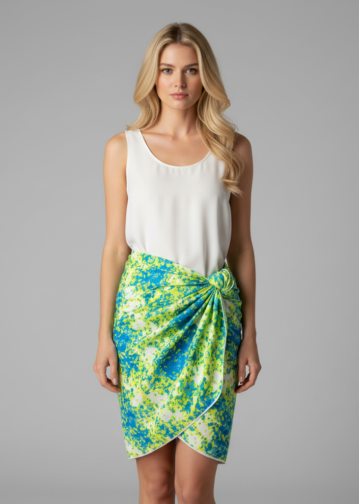 Lime blue women's Hawaiian pareo sarong beach wrap cover-up with a tropical floral print and lightweight fabric.