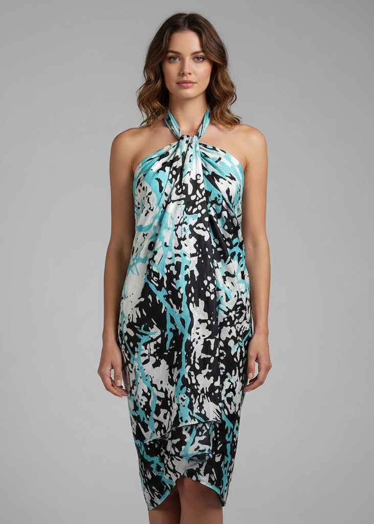 Mint white women's Hawaiian pareo sarong beach wrap featuring a tropical floral print.