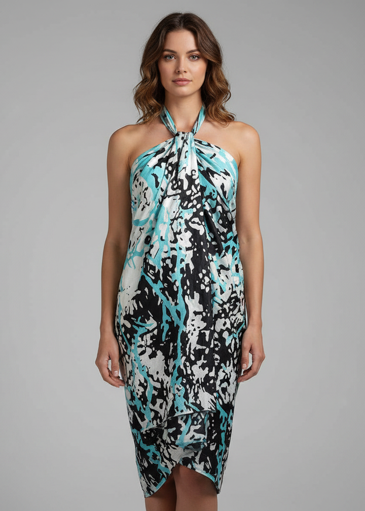 Mint white women's Hawaiian pareo sarong beach wrap featuring a tropical floral print.
