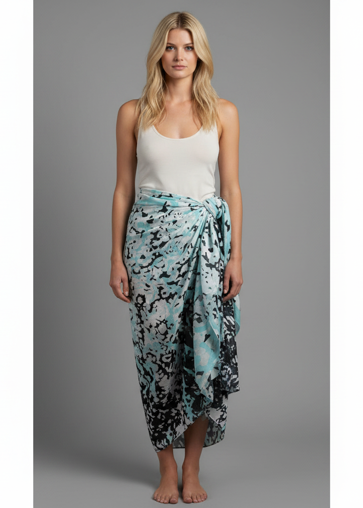 Mint and white women's Hawaiian pareo sarong beach wrap featuring a tropical floral hibiscus print and fringeless edges.