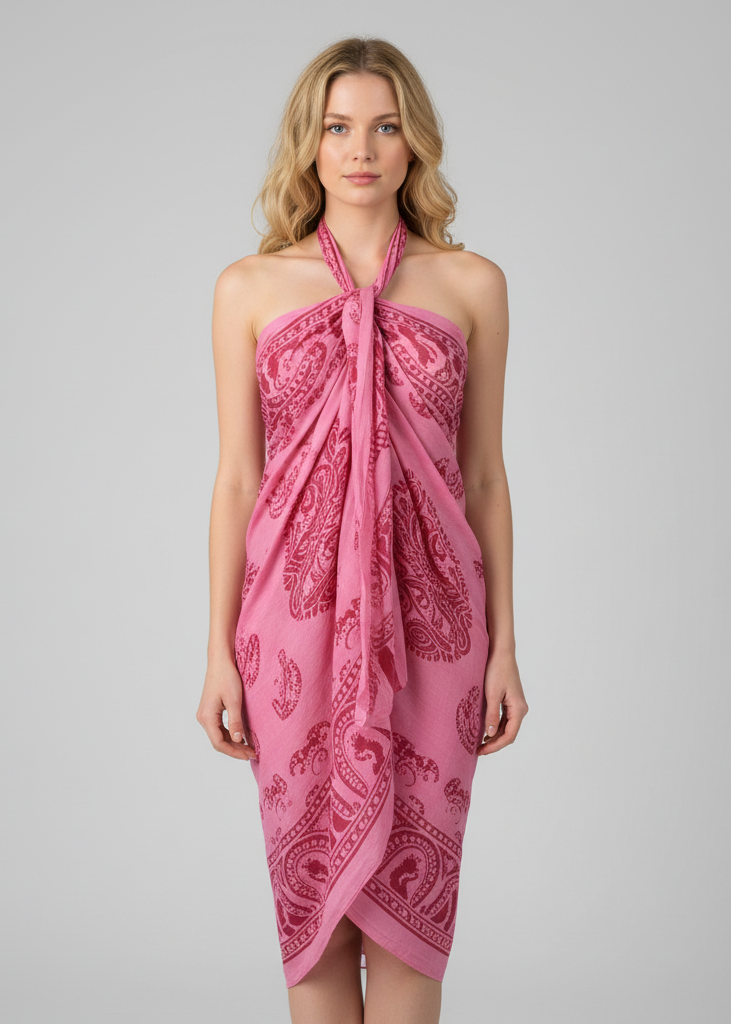 Pink women's Hawaiian pareo sarong beach wrap cover up featuring a tropical floral print.