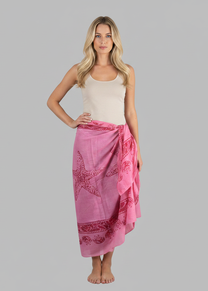 Pink women's Hawaiian sarong beach wrap cover up featuring a white floral tropical print and fringed edges.