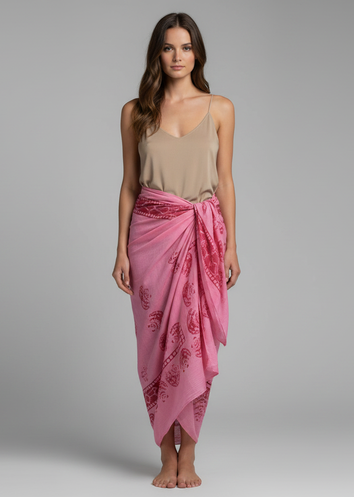 Pink women's Hawaiian sarong beach wrap cover up featuring a tropical floral print and fringed edges.