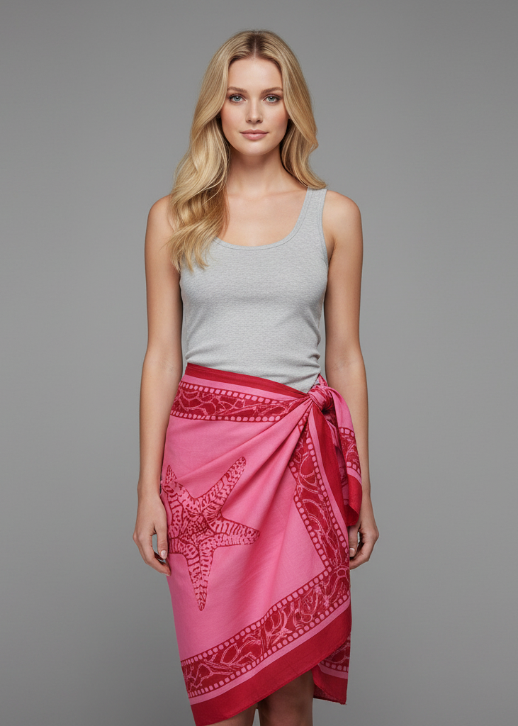 Pink women's Hawaiian pareo sarong beach wrap cover up with a white tropical floral print and fringed edges.