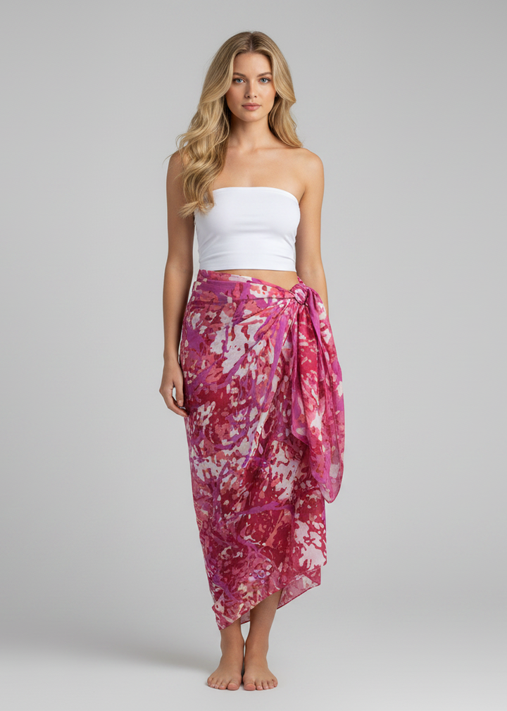 Red coral women's Hawaiian pareo sarong beach wrap cover up with a white tropical floral print.
