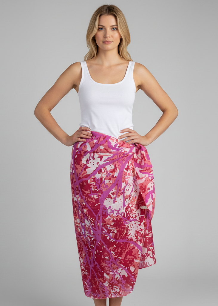 Red coral women's Hawaiian pareo sarong beach wrap cover up with white tropical floral patterns and fringed edges.
