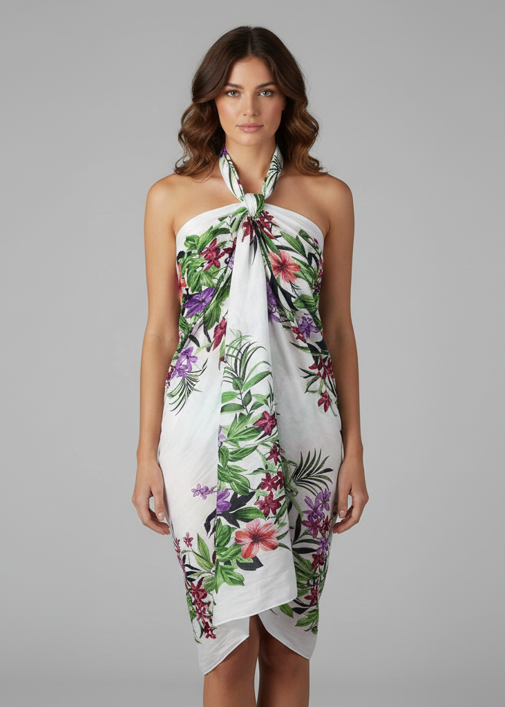 White Hawaiian half-sarong beach wrap with a hand-painted black hibiscus floral print and a decorative coconut shell buckle.