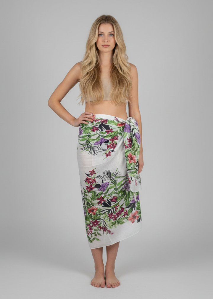 White floral print women's Hawaiian sarong beach wrap cover up.