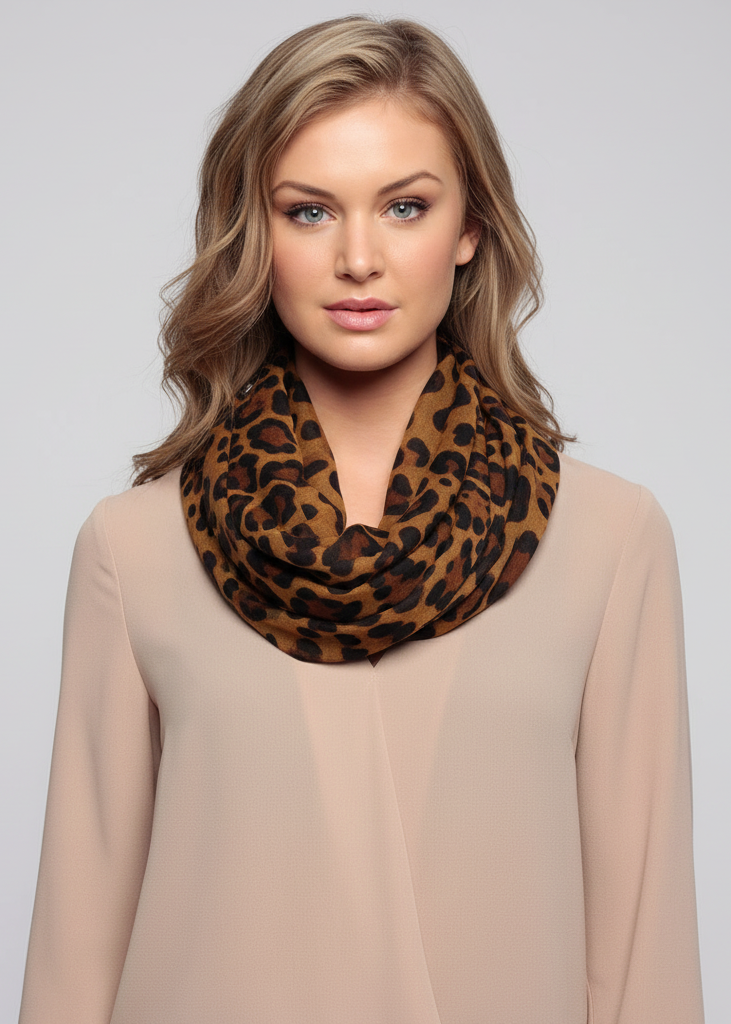 Stylish brown two-tone animal print infinity loop scarf for women featuring a retro fashion design.