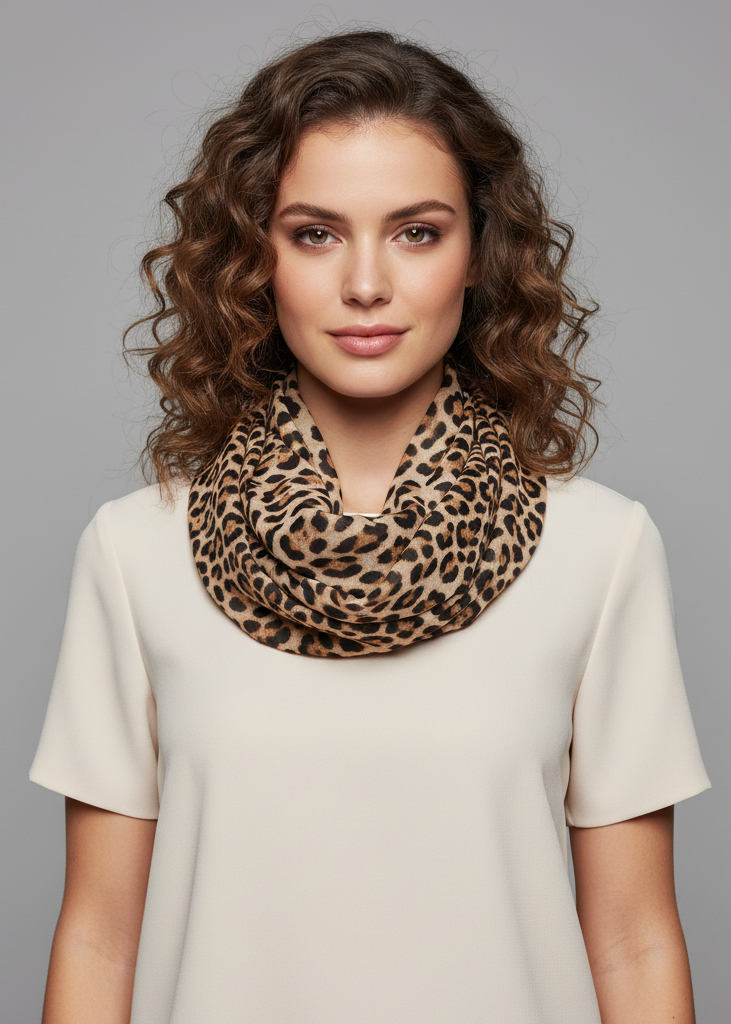 Women's retro fashion infinity loop scarf featuring a two-tone rust and black animal print pattern.
