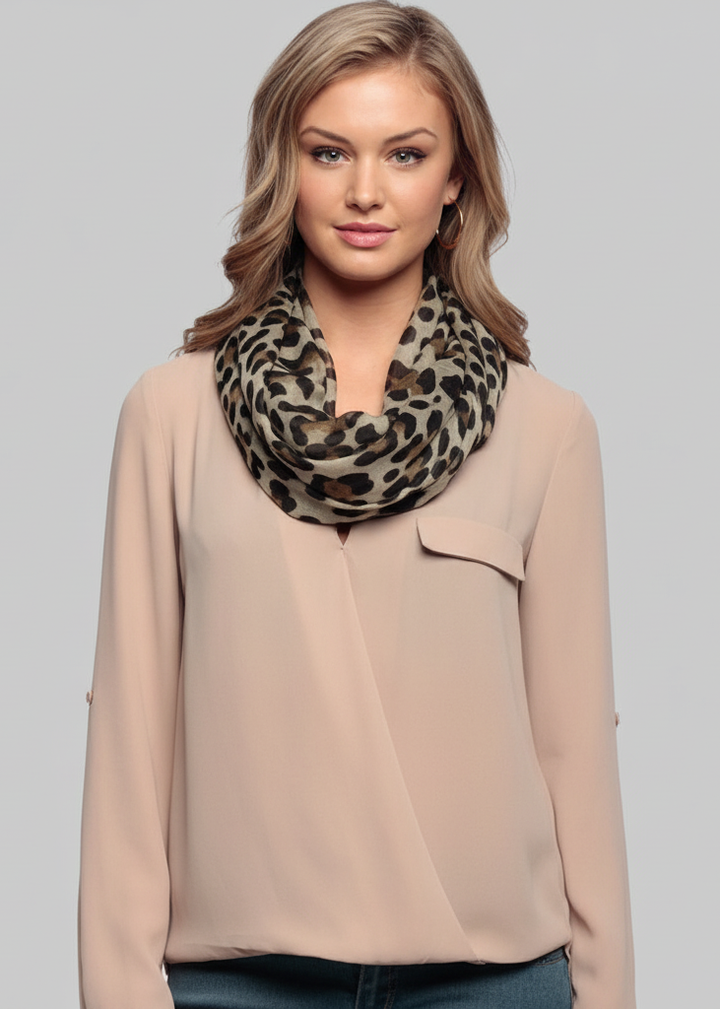Retro-style two-tone animal print infinity loop scarf in tan for women's fashion.