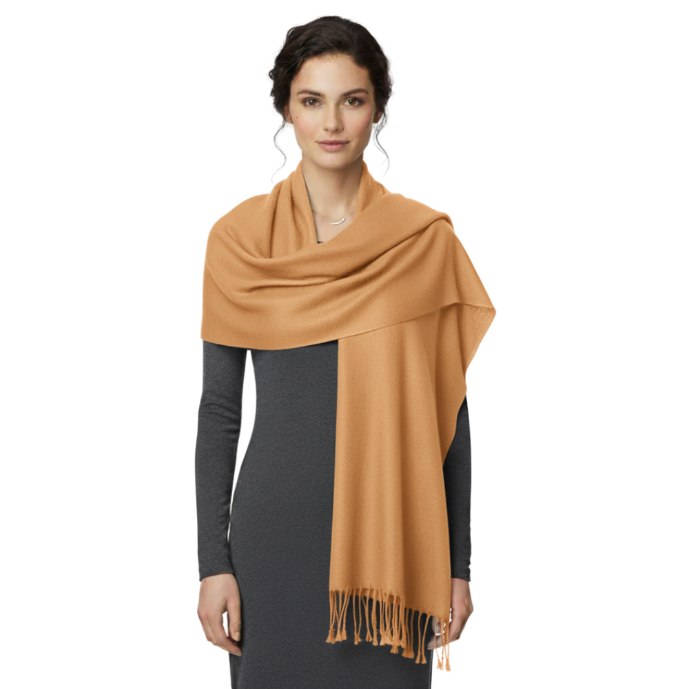 Handcrafted pure tan pashmina wool shawl featuring a lightweight handwoven texture and natural light brown hue