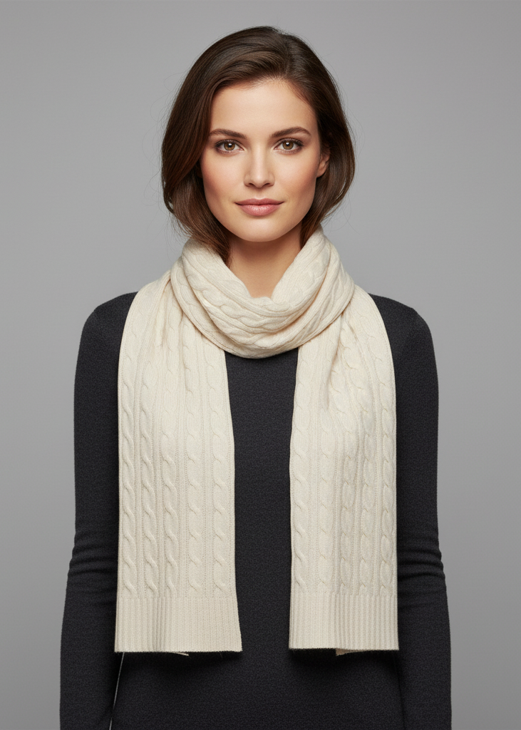 Long wool and cashmere cable knit scarf in a classic texture for winter warmth and style