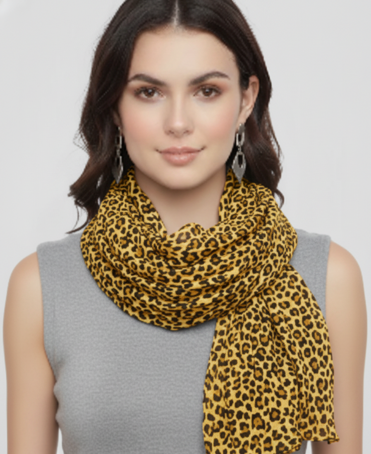 Yellow Peach Couture Trendy Women's Leopard Animal Print Crinkle Scarf wrap