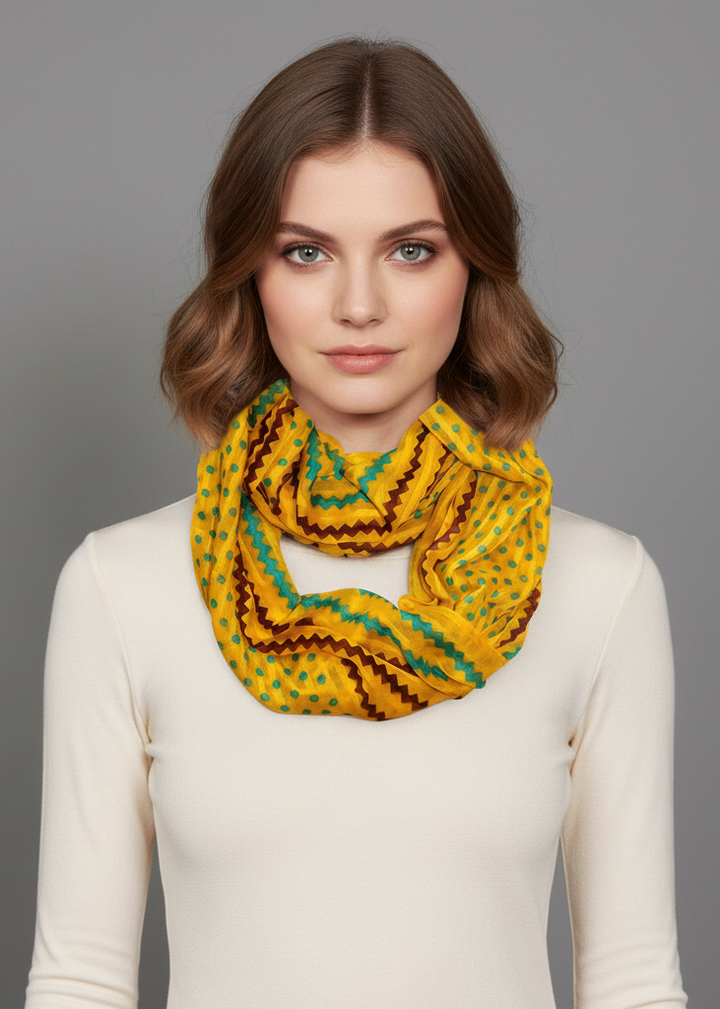 Vibrant yellow sheer infinity loop scarf featuring a trendy polka dot and chevron print.