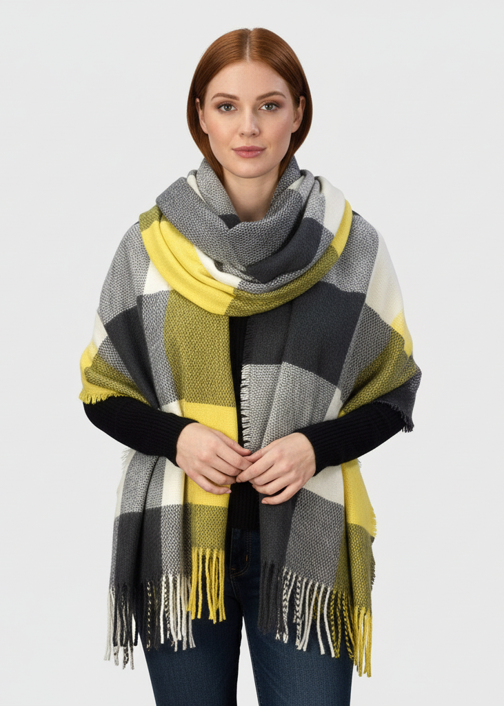 Yellow gray warm woven oversized tartan plaid blanket scarf shawl wrap