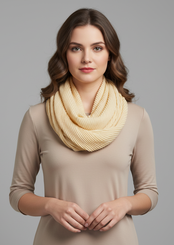Yellow peach sheer shimmering crinkled pattern infinity loop scarf for stylish women.