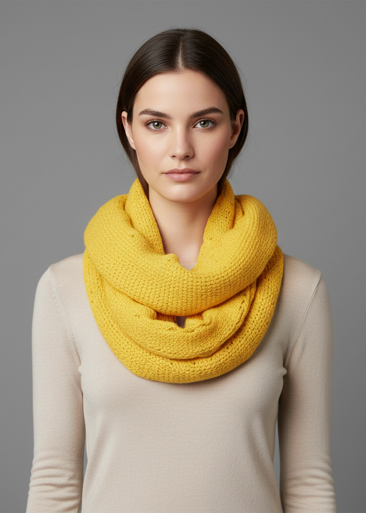 Yellow peach ruffle edge thick knitted circle infinity loop scarf for chic winter fashion.