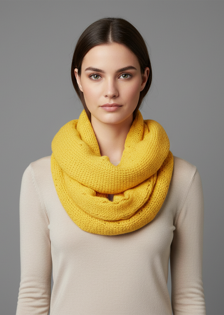 Yellow peach ruffle edge thick knitted circle infinity loop scarf for chic winter fashion.