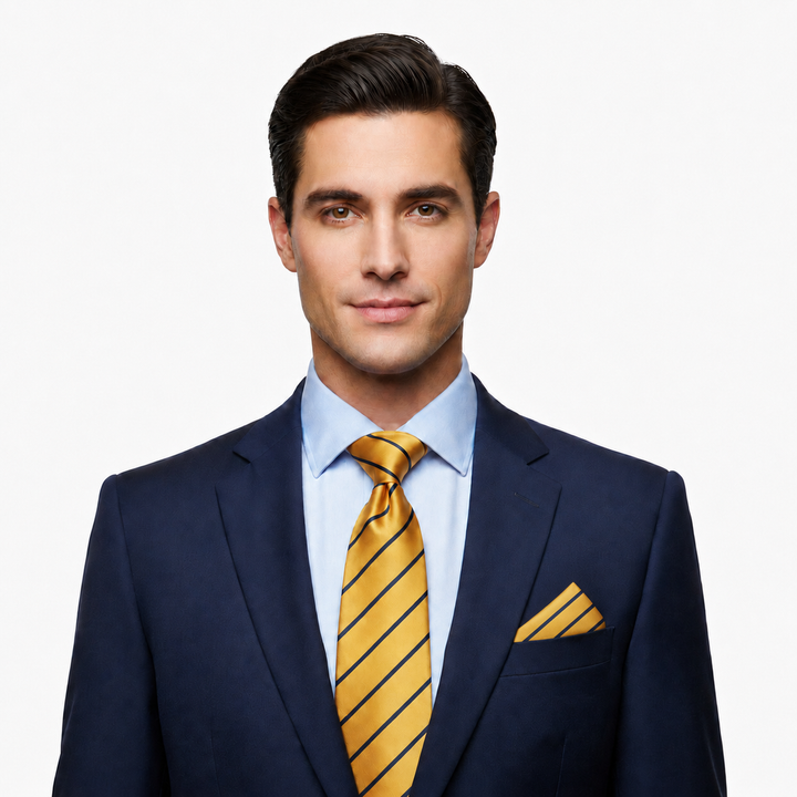 Yellow and Blue Striped Necktie Set with Cufflinks and Pocket Square