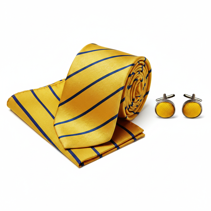 Yellow and Blue Striped Necktie Set with Cufflinks and Pocket Square