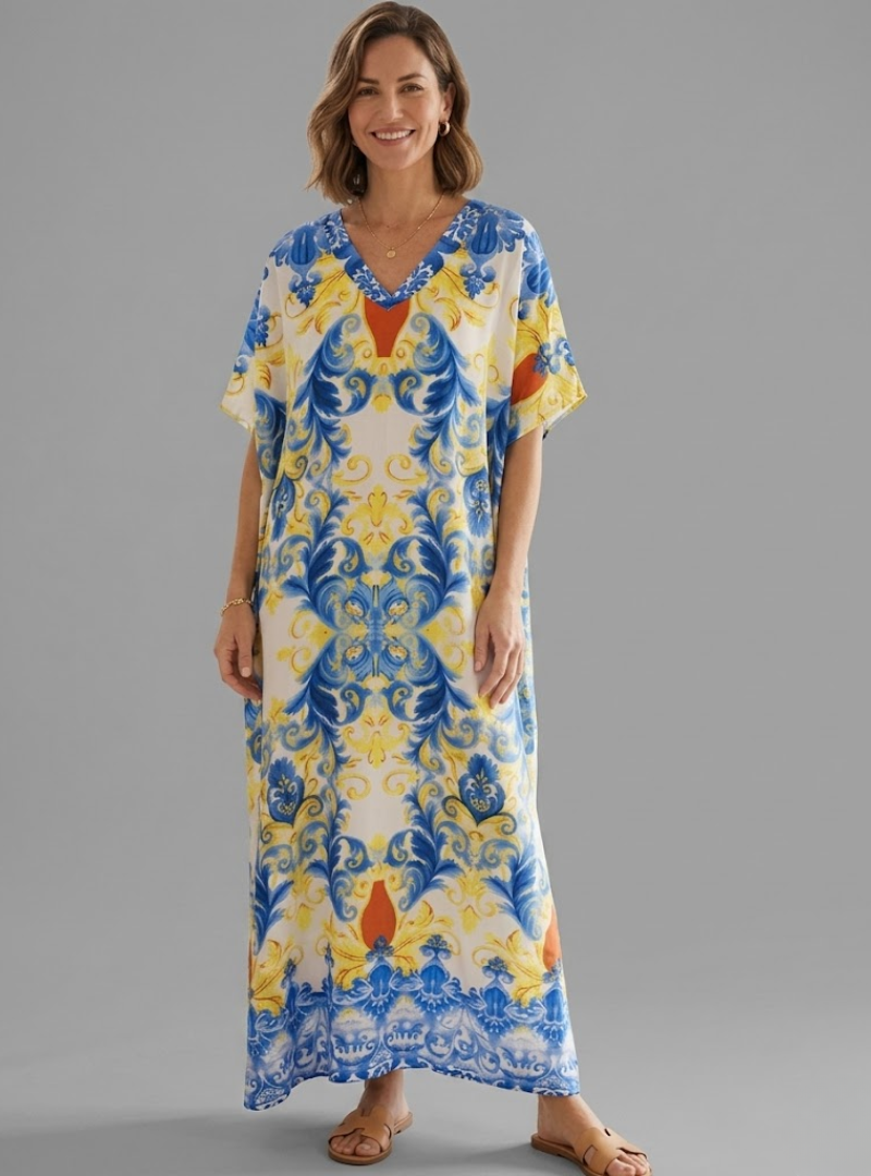 A smiling woman modeling a full-length, V-neck kaftan dress with a vibrant royal blue, yellow, and orange/red baroque scrollwork pattern. She is standing with a direct gaze against a clean, solid medium-grey background, her posture relaxed and graceful. She wears simple gold jewelry and brown leather slide sandals. The intricate, symmetrical pattern of the kaftan is sharply defined and is the central focus. The lighting is soft and even studio light, highlighting the fabric texture. High-resolution product 