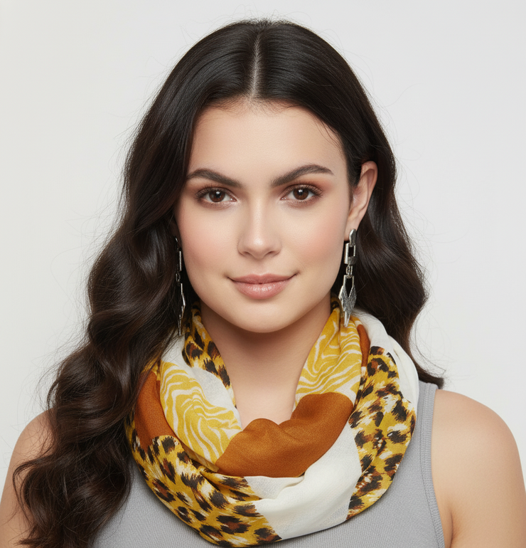 Yellow and Brown Peach Couture Animal Print Wide Chevron Design Summer Infinity Loop Scarf