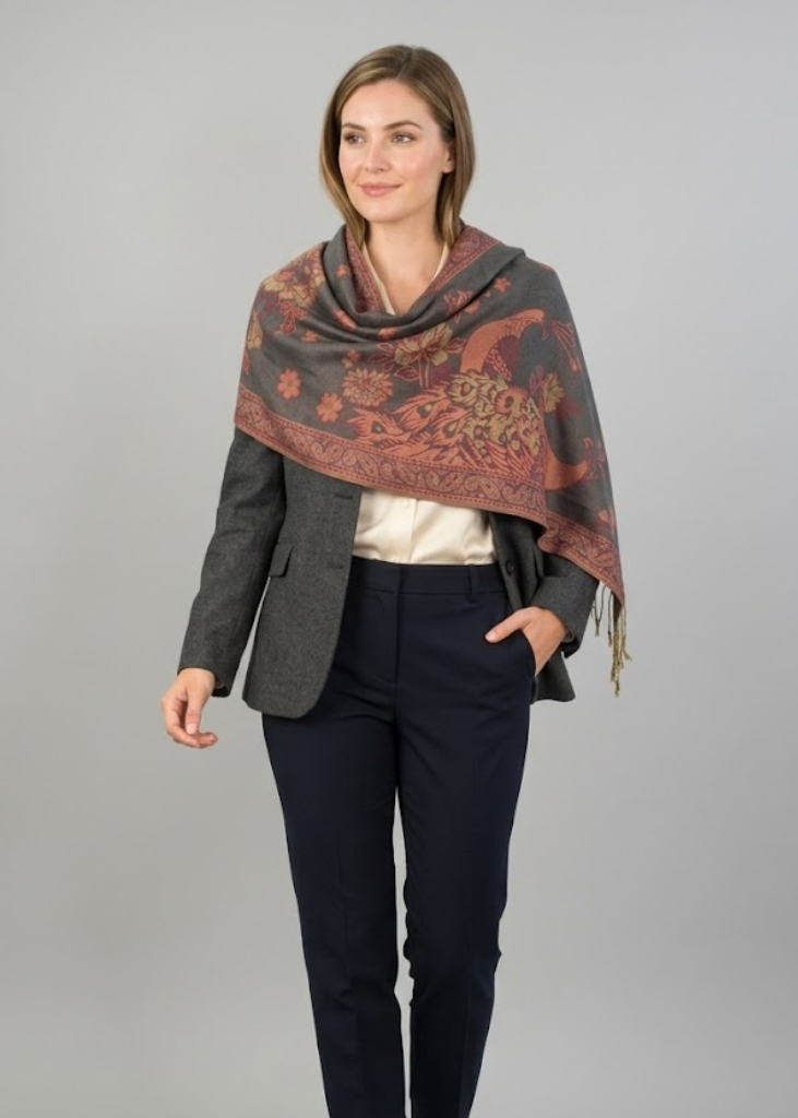 Reversible double-layered pashmina wrap shawl scarf featuring a floral and bird print pattern in grey
