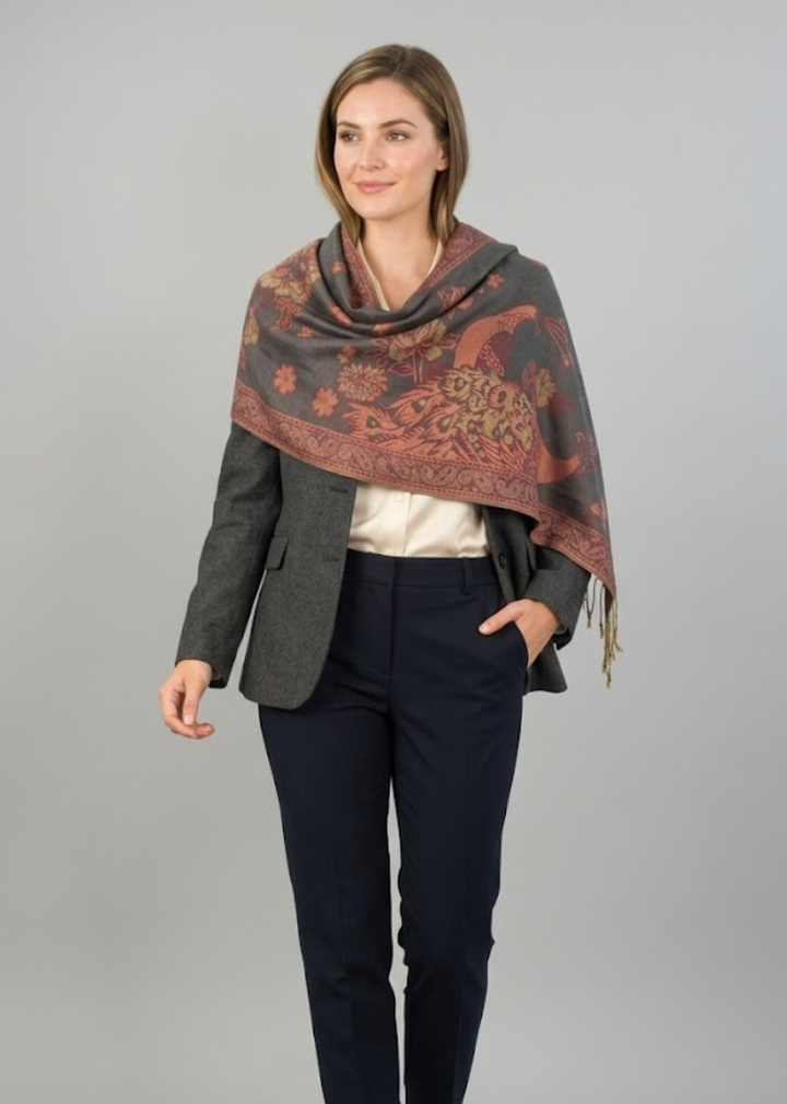 Reversible double-layered pashmina wrap shawl scarf featuring a floral and bird print pattern in grey