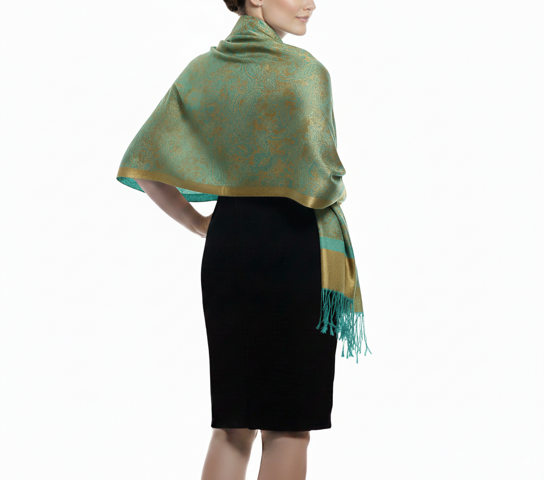 Elegant teal and gold vintage jacquard paisley pashmina shawl with classic fringed edges.