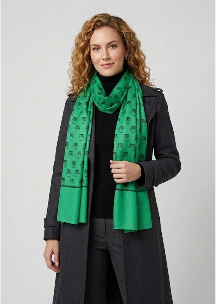 Lightweight summer sheer scarf featuring a colorful animal bird and owl print pattern in teal, black, and peach