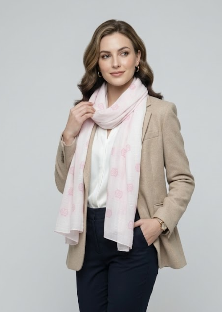 Lightweight white and pink summer fringe scarf featuring a graphic animal owl print pattern for women