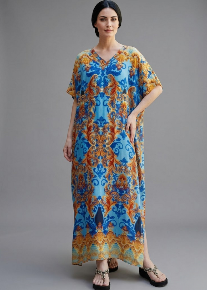 Full-body studio photograph of a woman wearing a V-neck maxi-length kaftan dress with a sophisticated baroque-inspired floral pattern in deep blue, vibrant orange, and gold. The flowing kaftan has a wide, draped cut with short kaftan sleeves. The woman stands confidently against a clean, neutral solid grey background, with her right hand resting casually on her hip. The intricate print features ornate symmetrical filigree and a decorative golden hem border. She wears dark, platform-wedge sandals with embell