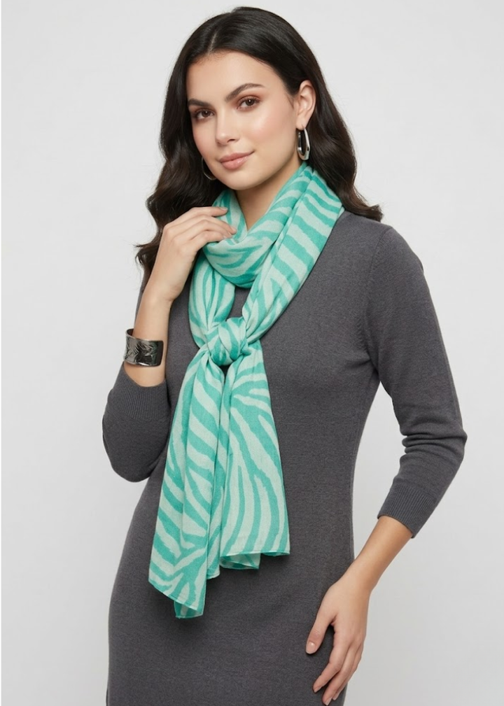 Lightweight turquoise and peach zebra print pashmina shawl with a soft chiffon-like texture and frayed edges