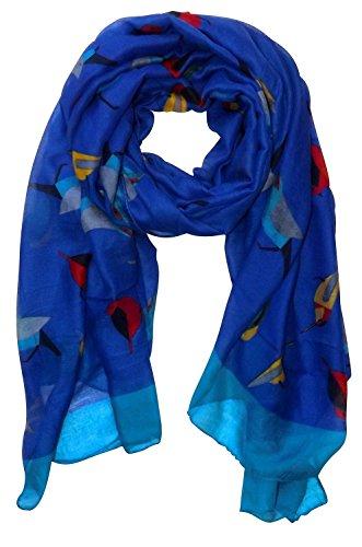 Royal Blue Peach Couture Cute Vintage Lightweight Graphic Finch Bird Print Scarf
