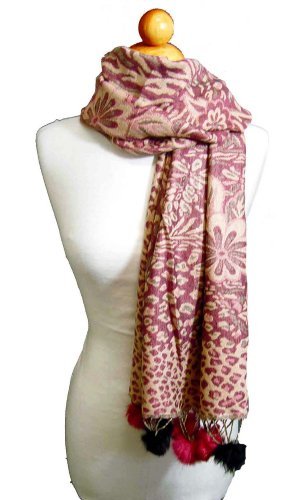 Retro Floral Animal Print Pashmina with Faux Fur Poms