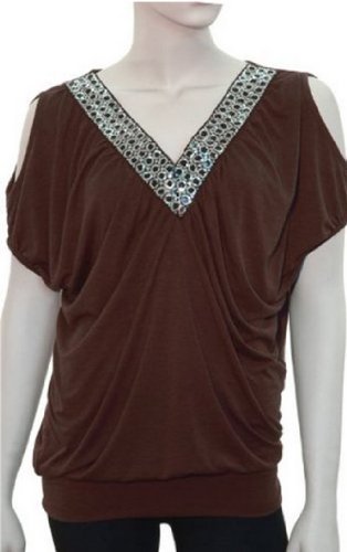 Peach Couture Sequin Decorated V-Neck Blouse/Top