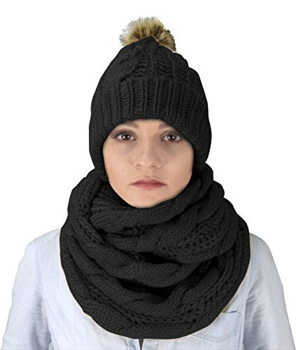 Cable Knit 2 Pair Faux Fur Beanie Hat and Infinity Loop Scarf Set