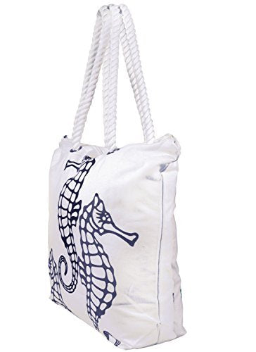Seahorse Design Cotton Canvas Beach Tote