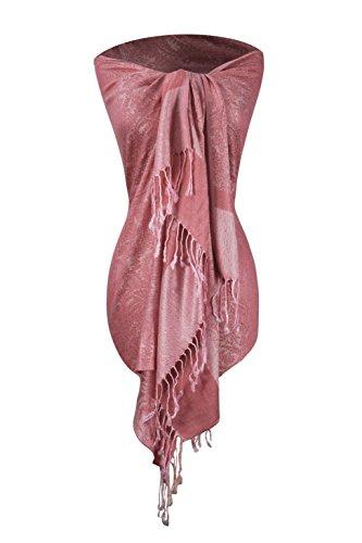 Elegant rose pink vintage-style jacquard pashmina shawl with an intricate paisley pattern and fringe.