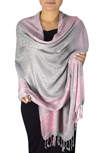 Pink and Grey Peach Couture Exclusive Paisley Floral Border Reversible Pashmina Wrap Shawl