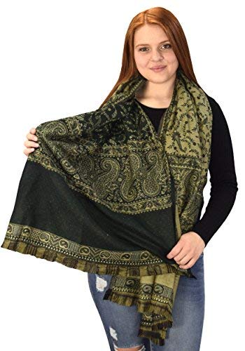 Thick 4 Ply Blanket Scarf Reversible Paisley Pashmina Thick Scarf Wrap Shawl Dark Green/Tan