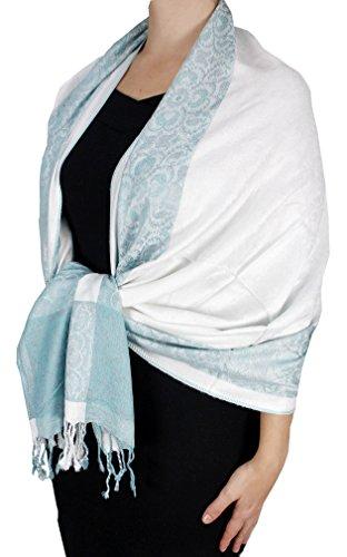 Reversible pashmina shawl featuring a white and teal paisley floral border design with fringe trim.